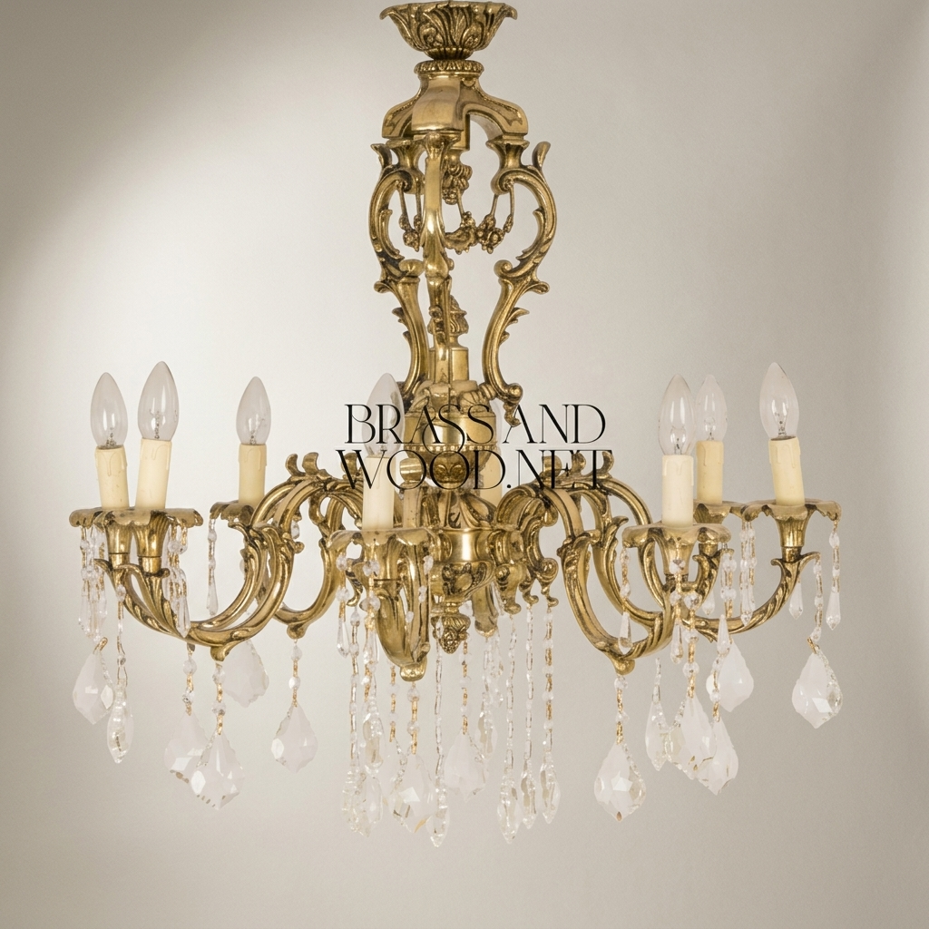 Rococo 8-Arm Brass Crystal Chandelier with Cascading Drops — Antique Gold