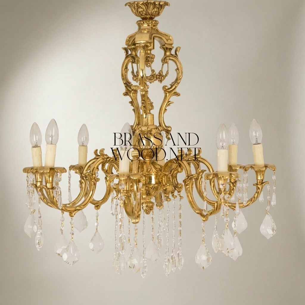 Rococo 8-Arm Brass Crystal Chandelier with Cascading Drops