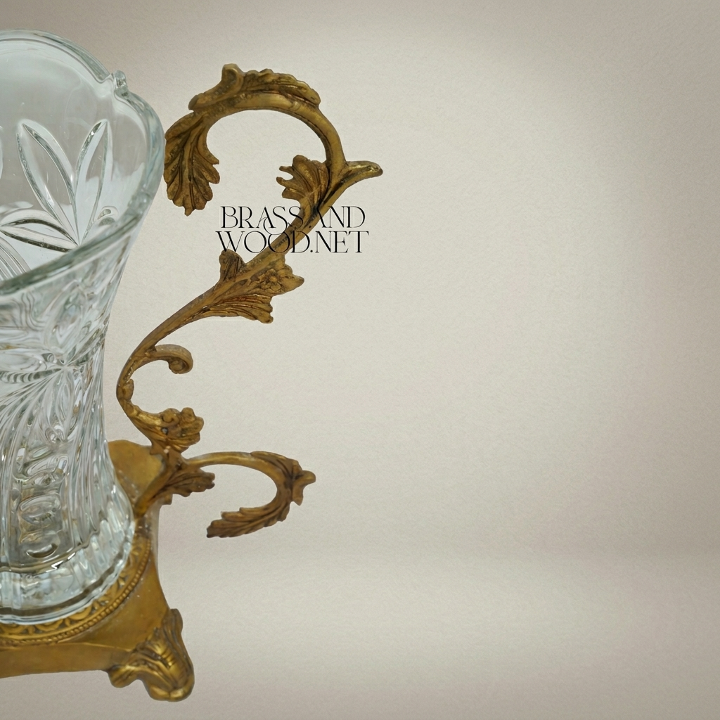 Rococo Acanthus Brass & Crystal Vase with Scrolled Foliate Stand — Antique Gold