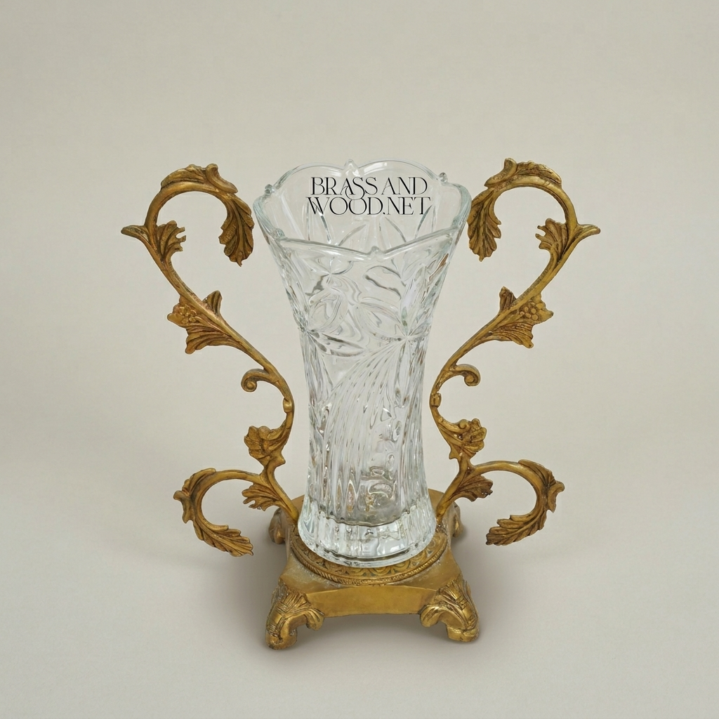 Rococo Acanthus Brass & Crystal Vase with Scrolled Foliate Stand — Antique Gold