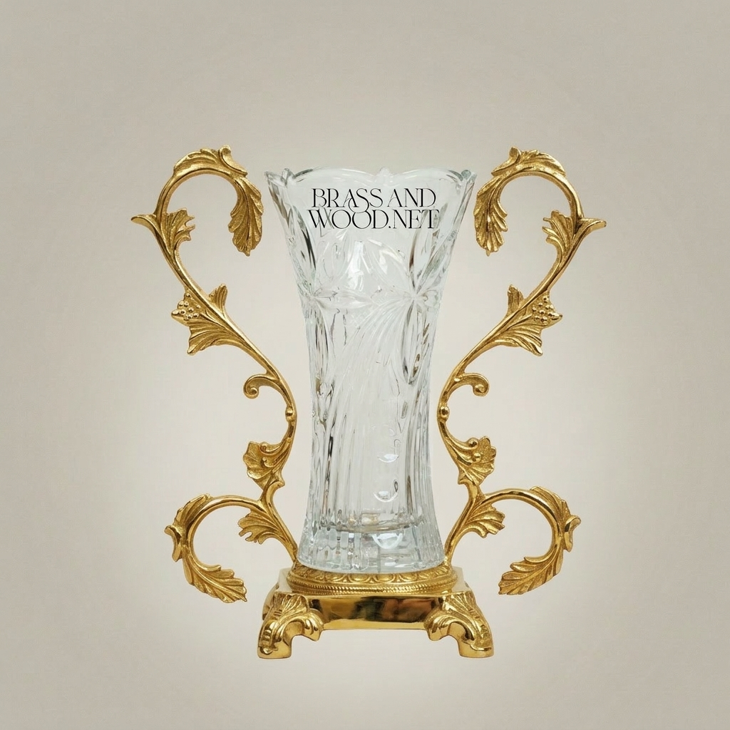 Rococo Acanthus Brass & Crystal Vase with Scrolled Foliate Stand