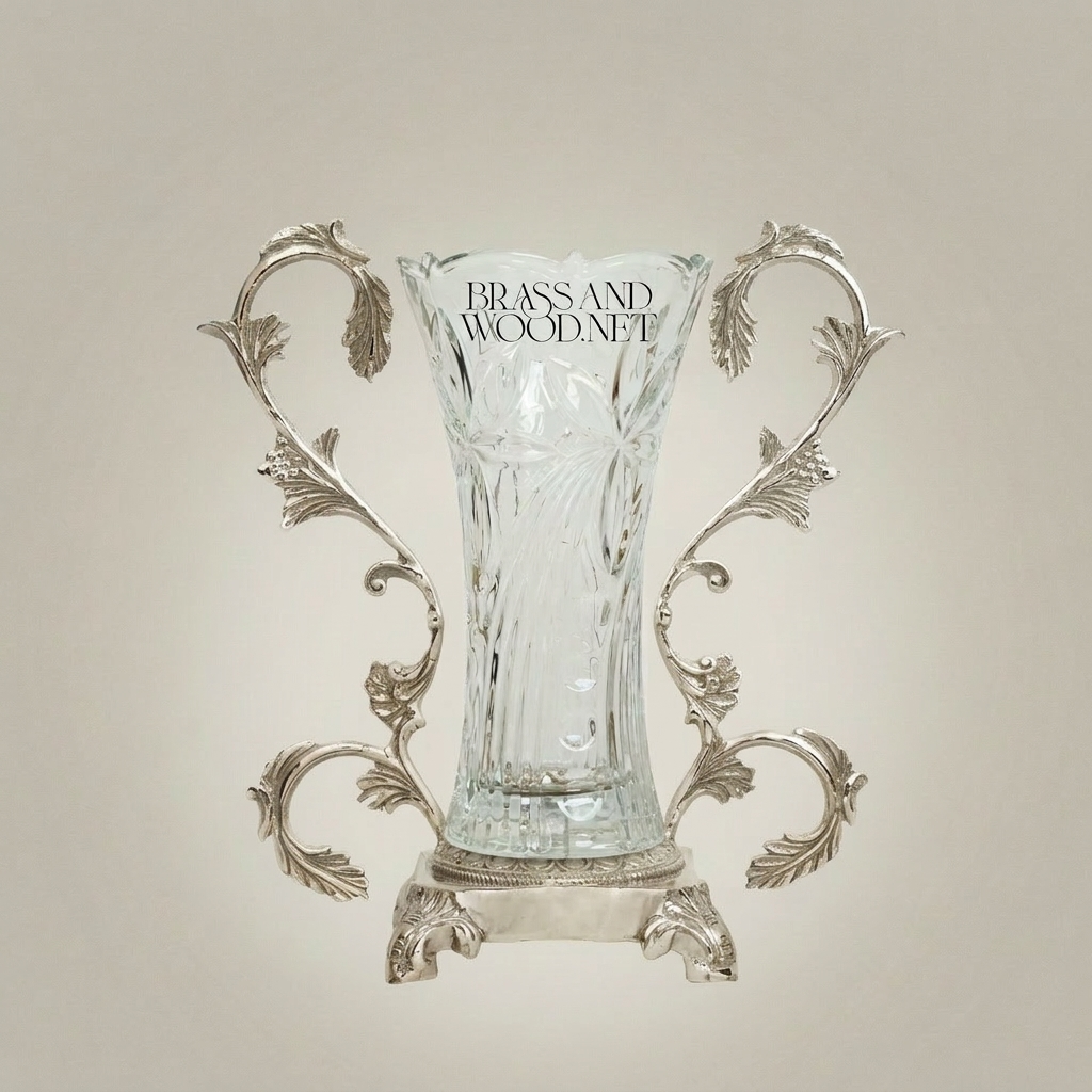 Rococo Acanthus Brass & Crystal Vase with Scrolled Foliate Stand — Silver