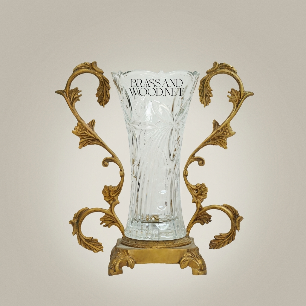 Rococo Acanthus Brass & Crystal Vase with Scrolled Foliate Stand — Antique Gold