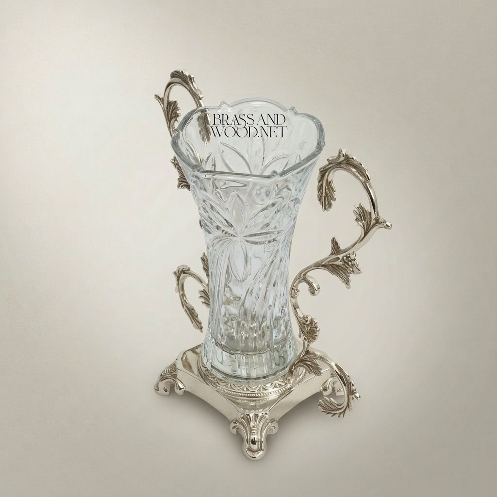 Rococo Acanthus Brass & Crystal Vase with Scrolled Foliate Stand — Silver