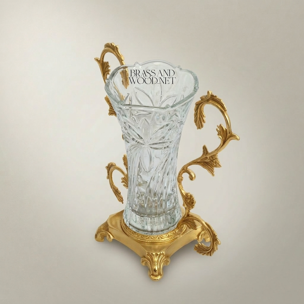 Rococo Acanthus Brass & Crystal Vase with Scrolled Foliate Stand