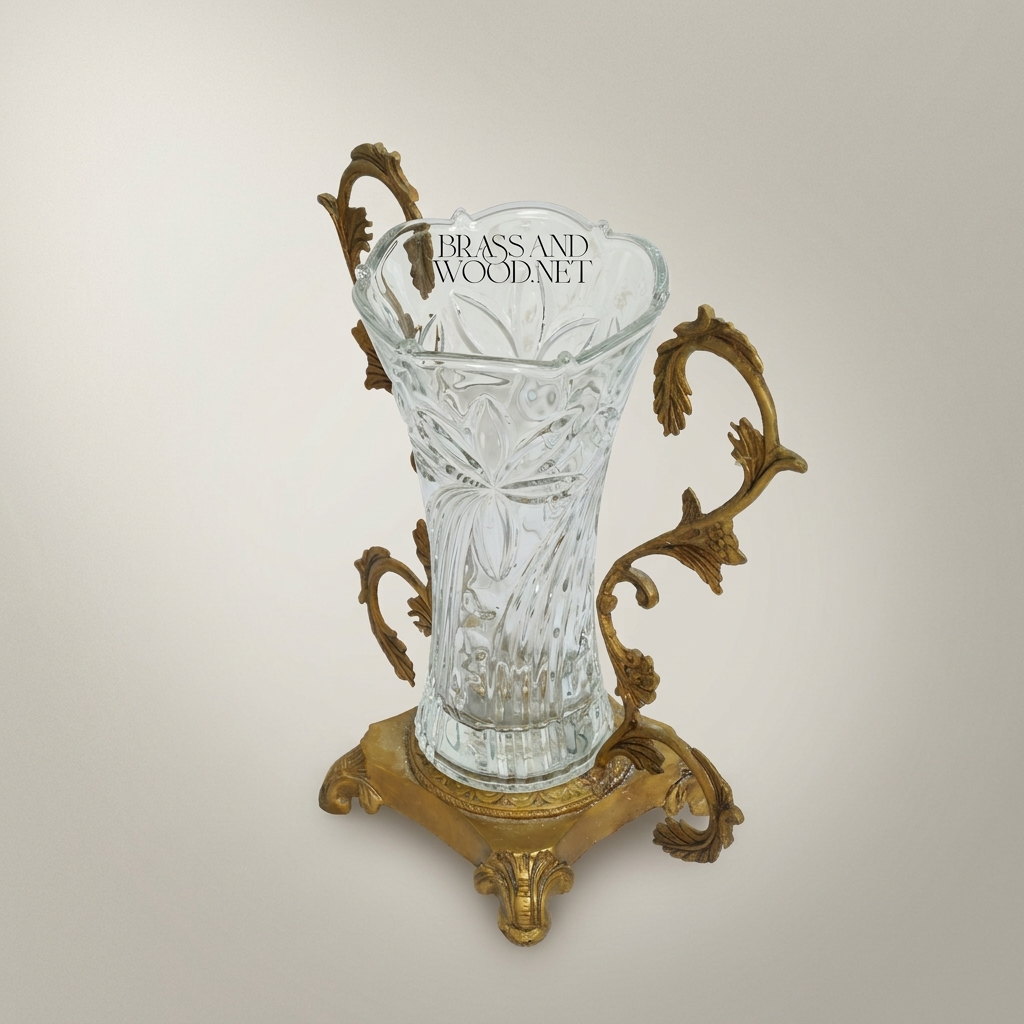 Rococo Acanthus Brass & Crystal Vase with Scrolled Foliate Stand — Antique Gold