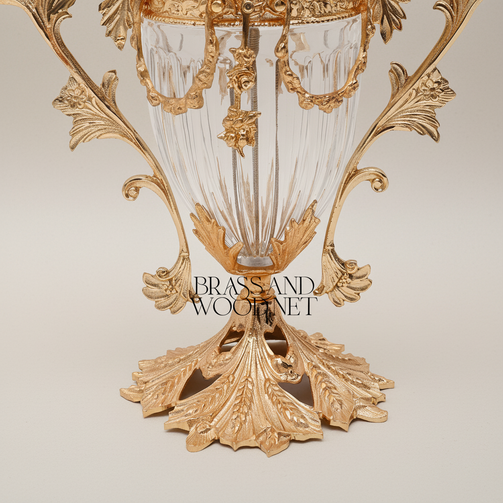 Rococo Acanthus Brass & Cut Crystal Vase and Centerpiece Bowl Set — Gold