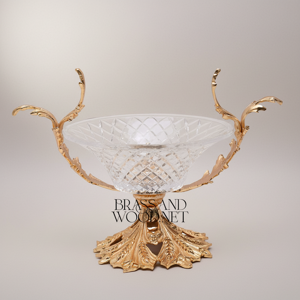 Rococo Acanthus Brass & Cut Crystal Vase and Centerpiece Bowl Set