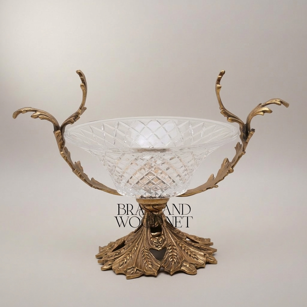 Rococo Acanthus Brass & Cut Crystal Vase and Centerpiece Bowl Set — Antique Gold