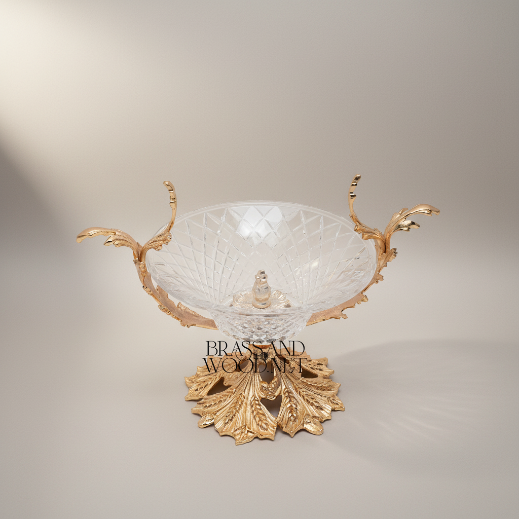 Rococo Acanthus Brass & Cut Crystal Vase and Centerpiece Bowl Set