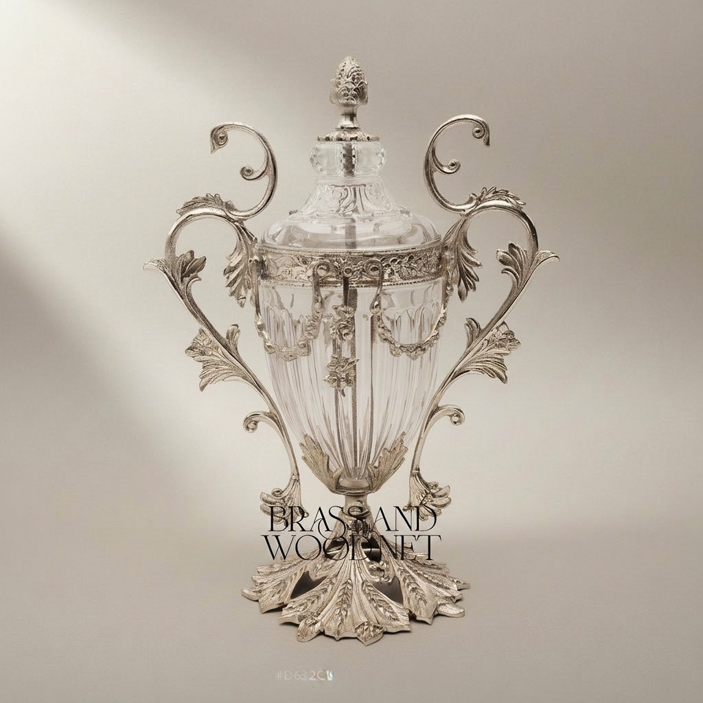 Rococo Acanthus Brass & Cut Crystal Vase and Centerpiece Bowl Set — Silver