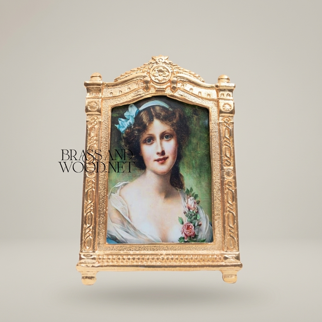 Rococo Arched Portrait Photo Frame with Easel Stand & Floral Crown Cartouche — Gold
