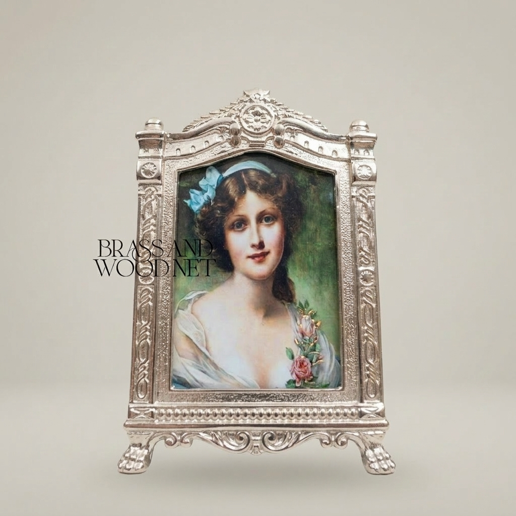Rococo Arched Portrait Photo Frame with Easel Stand & Floral Crown Cartouche — Silver