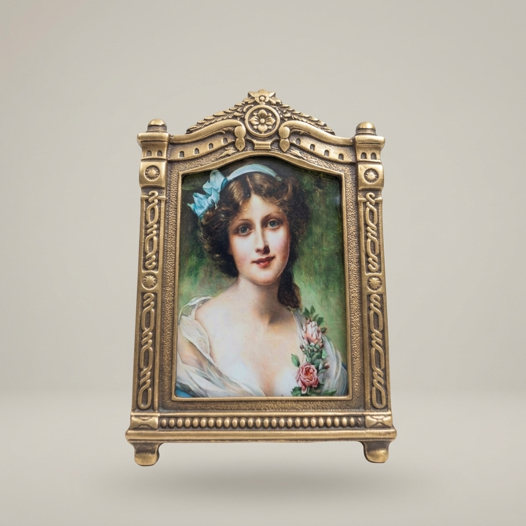 Rococo Arched Portrait Photo Frame with Easel Stand & Floral Crown Cartouche — Antique Gold