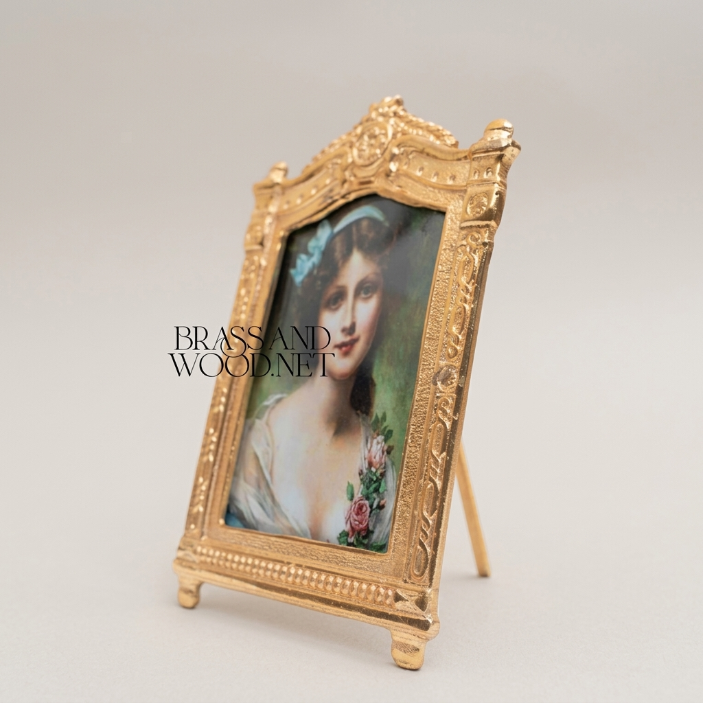 Rococo Arched Portrait Photo Frame with Easel Stand & Floral Crown Cartouche — Gold
