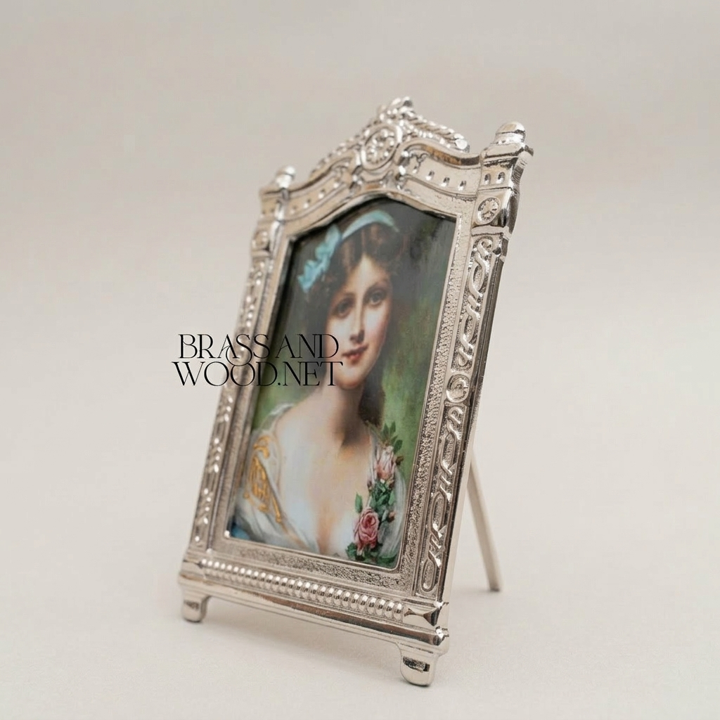 Rococo Arched Portrait Photo Frame with Easel Stand & Floral Crown Cartouche — Silver