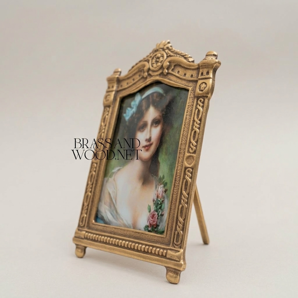 Rococo Arched Portrait Photo Frame with Easel Stand & Floral Crown Cartouche — Antique Gold