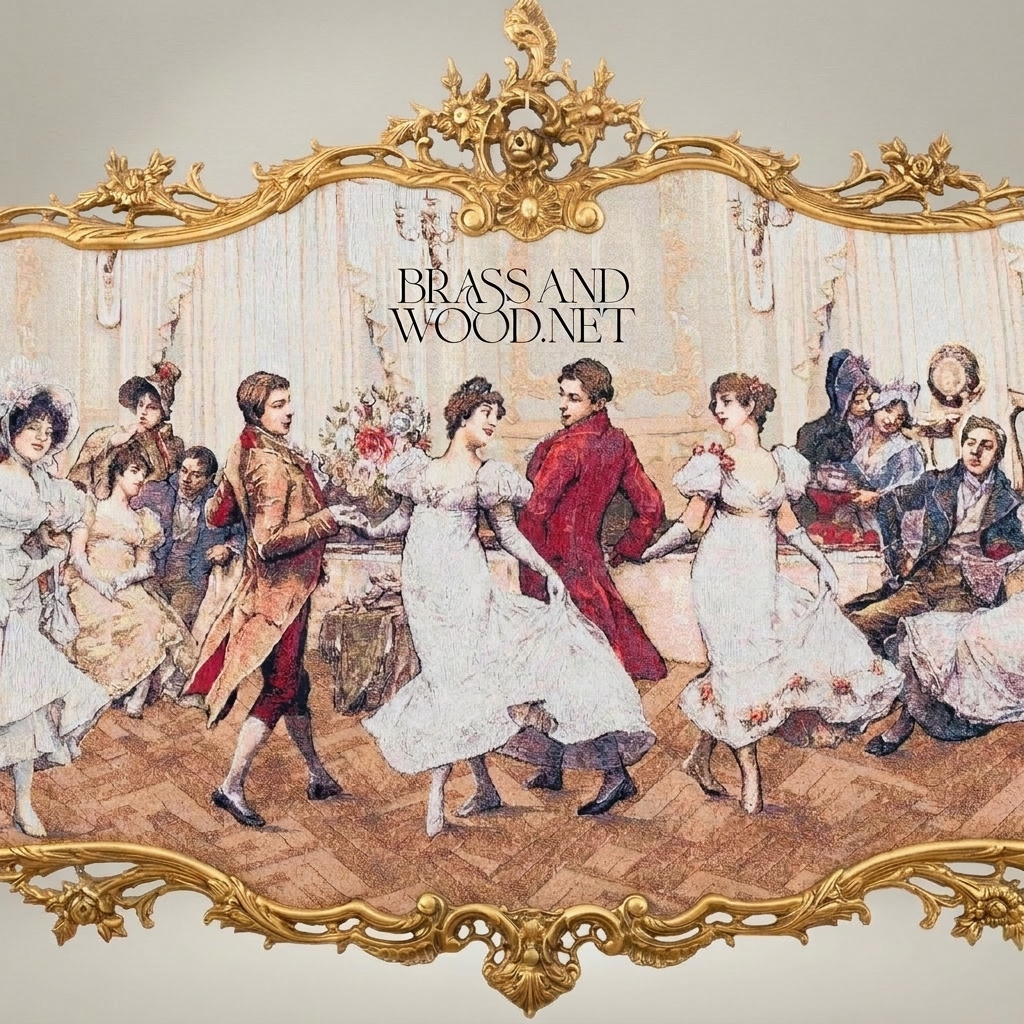 Rococo Ballroom Scene Tapestry Wall Panel in Ornate Cartouche Frame