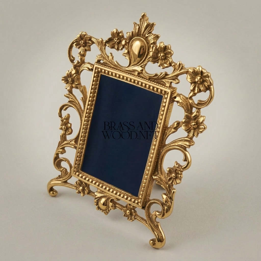 Rococo Baroque Cast Brass Freestanding Photo Frame - Open Acanthus Scroll Surround — Gold