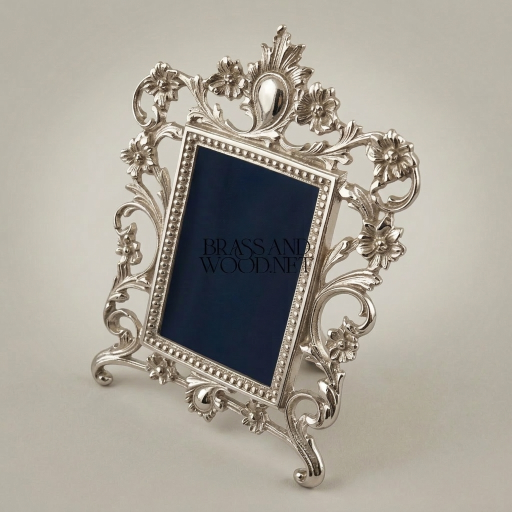Rococo Baroque Cast Brass Freestanding Photo Frame - Open Acanthus Scroll Surround — Silver