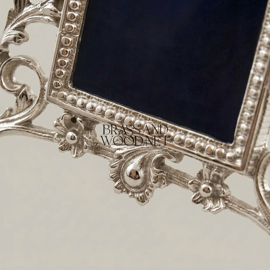 Rococo Baroque Cast Brass Freestanding Photo Frame - Open Acanthus Scroll Surround — Silver