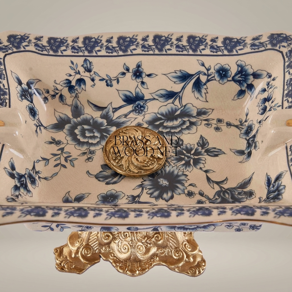 Rococo Blue Floral Ceramic Ashtray on Ornate Metal Pedestal Base — Gold
