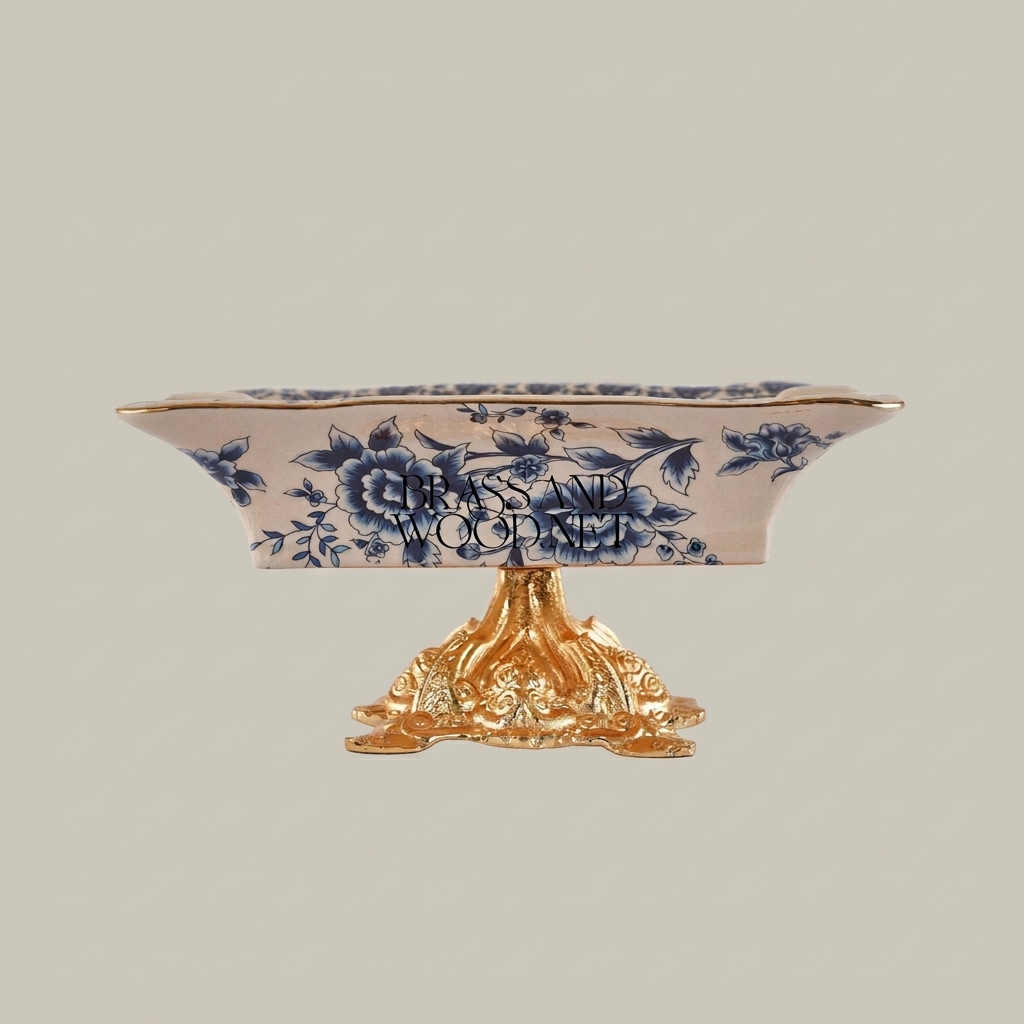 Rococo Blue Floral Ceramic Ashtray on Ornate Metal Pedestal Stand