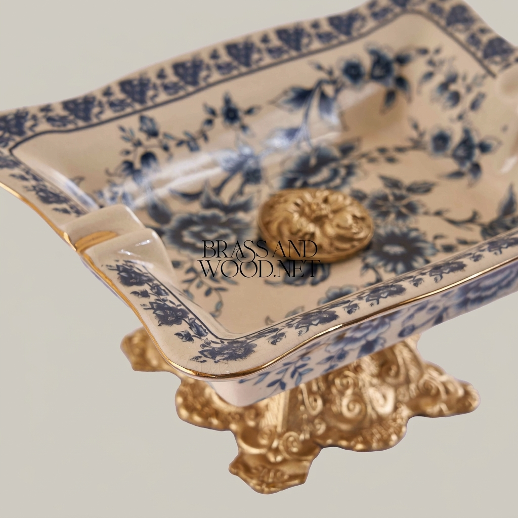 Rococo Blue Floral Ceramic Ashtray on Ornate Metal Pedestal Base — Gold
