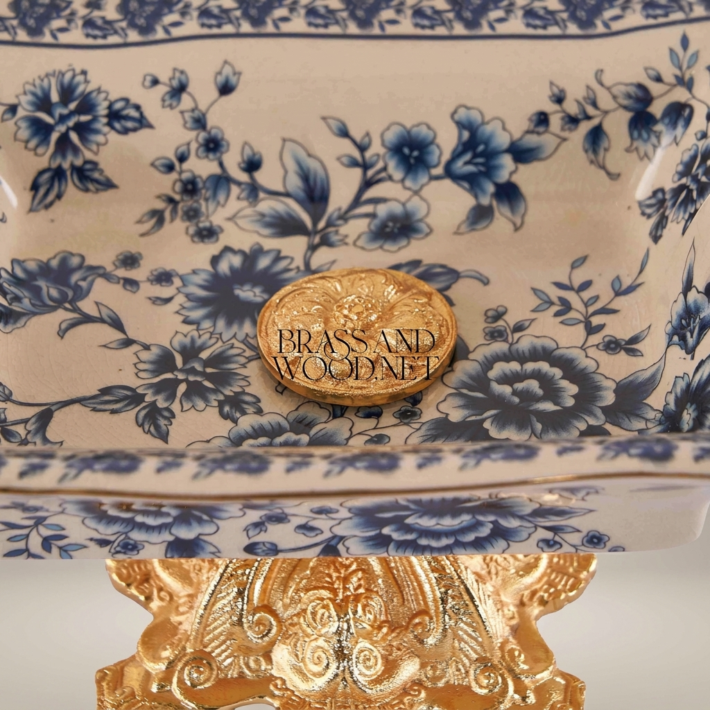 Rococo Blue Floral Ceramic Ashtray on Ornate Metal Pedestal Stand