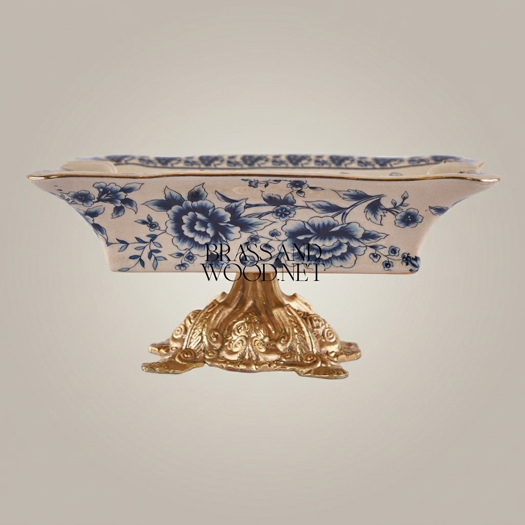 Rococo Blue Floral Ceramic Ashtray on Ornate Metal Pedestal Base