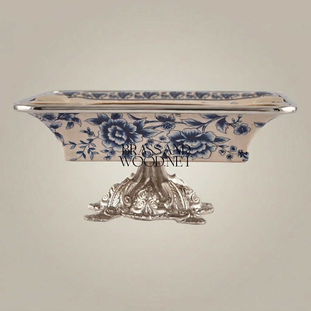 Rococo Blue Floral Ceramic Ashtray on Ornate Metal Pedestal Base — Silver