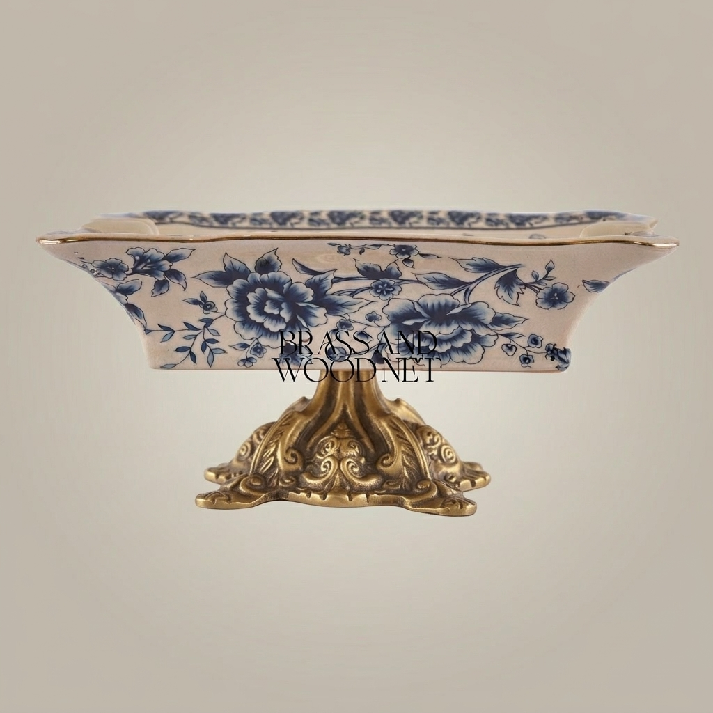 Rococo Blue Floral Ceramic Ashtray on Ornate Metal Pedestal Base — Antique Gold