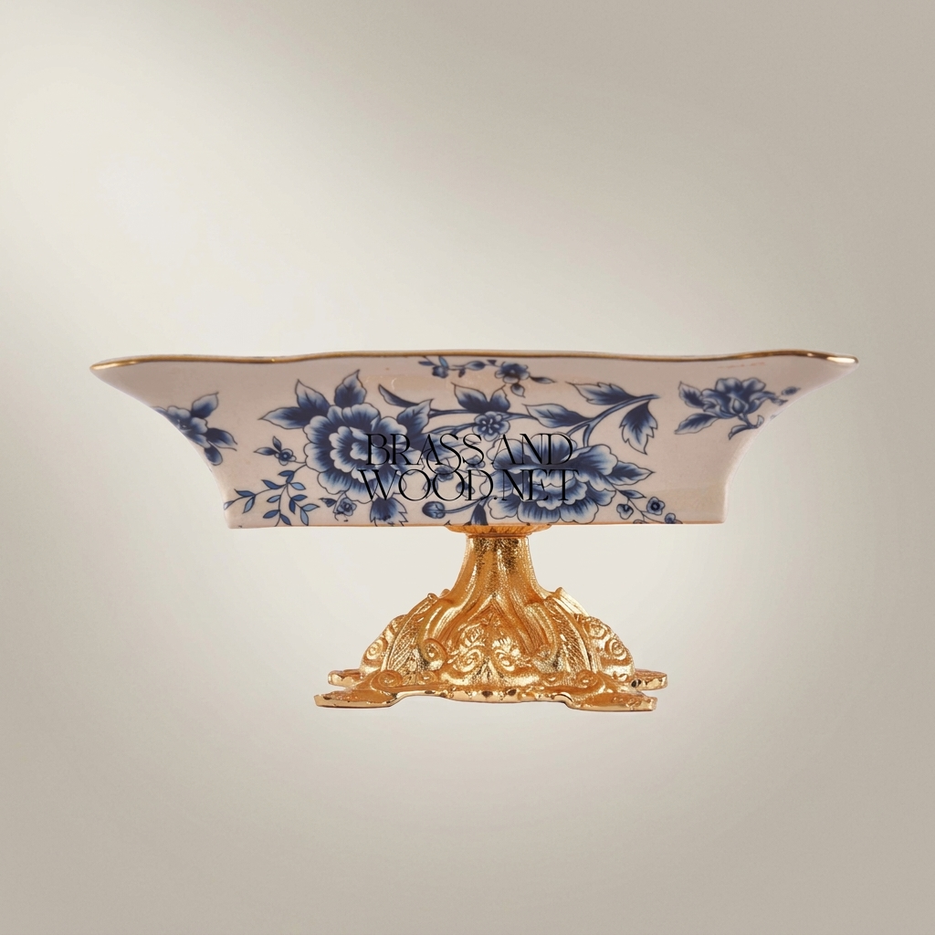 Rococo Blue Floral Ceramic Ashtray on Ornate Metal Pedestal Stand — Gold