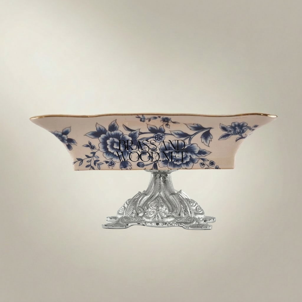 Rococo Blue Floral Ceramic Ashtray on Ornate Metal Pedestal Stand — Silver