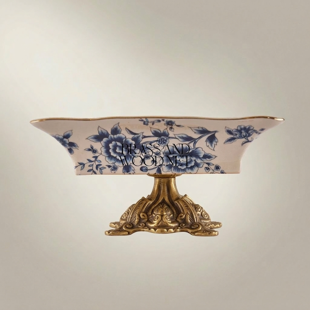 Rococo Blue Floral Ceramic Ashtray on Ornate Metal Pedestal Stand — Antique Gold