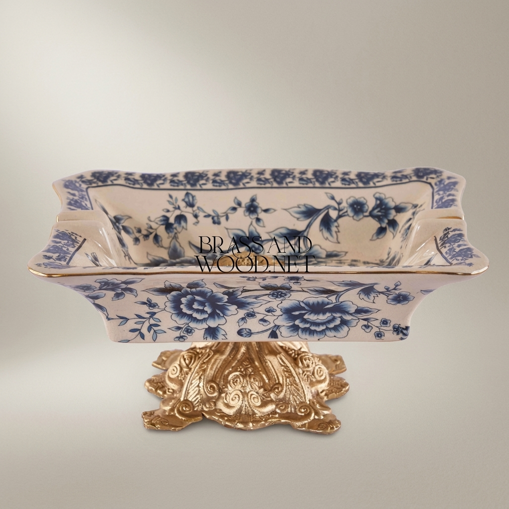 Rococo Blue Floral Ceramic Ashtray on Ornate Metal Pedestal Base — Gold