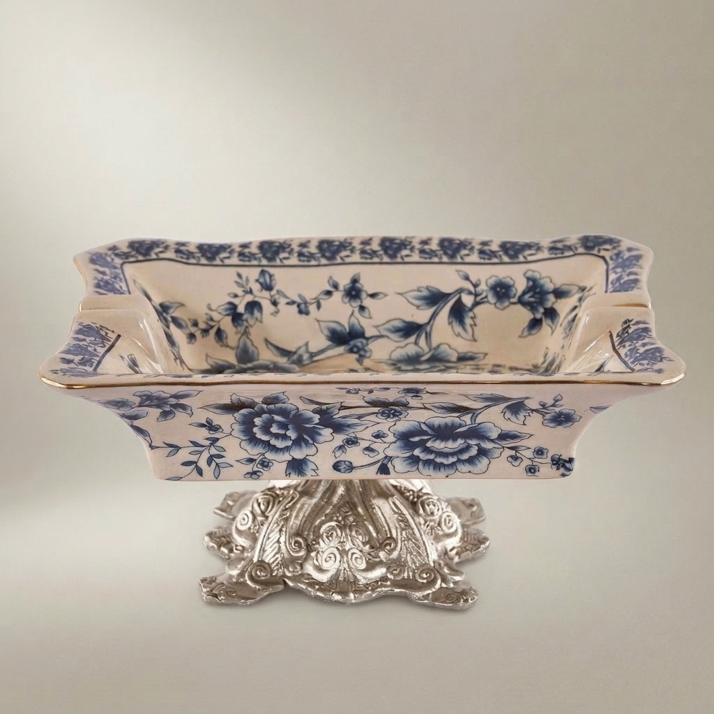 Rococo Blue Floral Ceramic Ashtray on Ornate Metal Pedestal Base — Silver