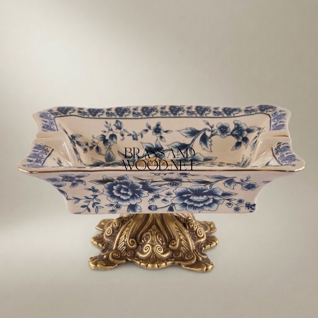 Rococo Blue Floral Ceramic Ashtray on Ornate Metal Pedestal Base — Antique Gold