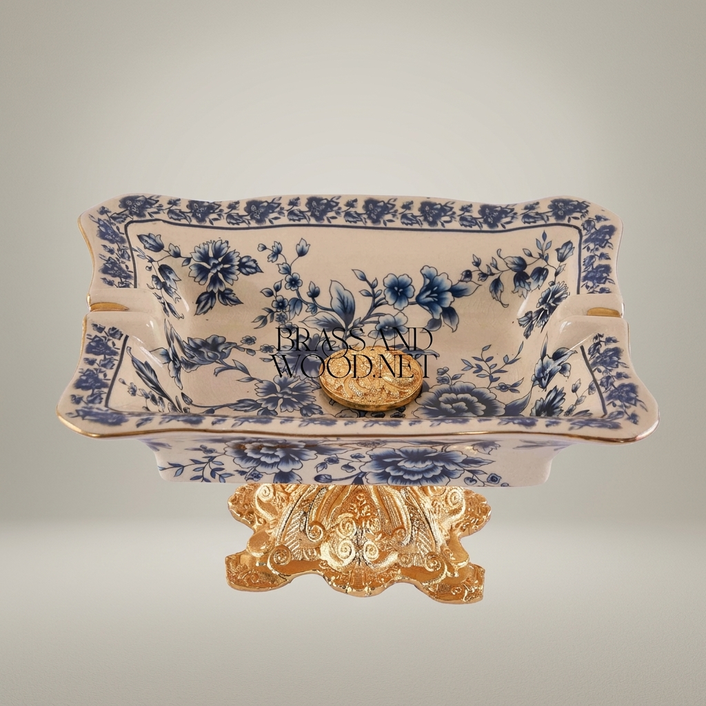 Rococo Blue Floral Ceramic Ashtray on Ornate Metal Pedestal Stand — Gold