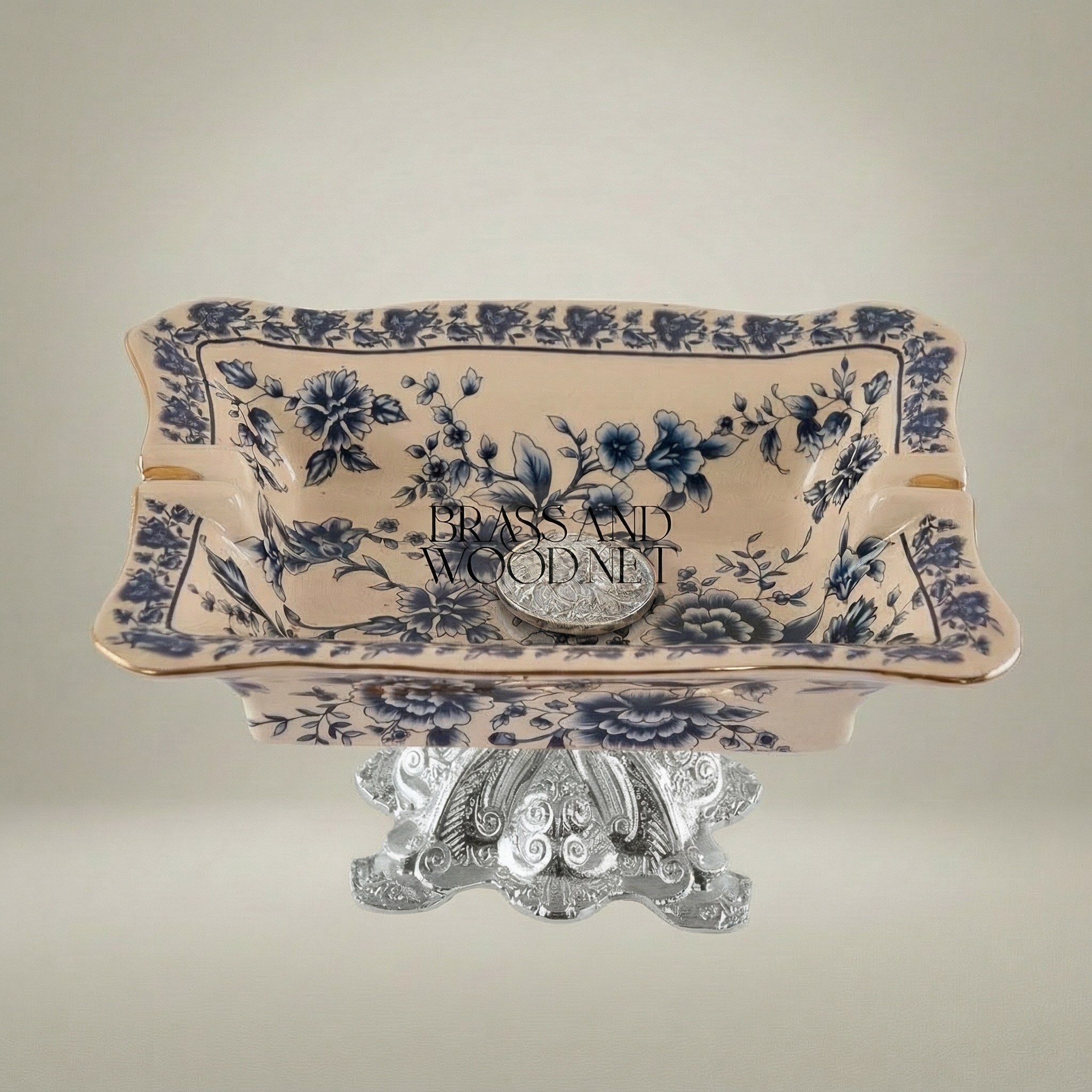 Rococo Blue Floral Ceramic Ashtray on Ornate Metal Pedestal Stand — Silver