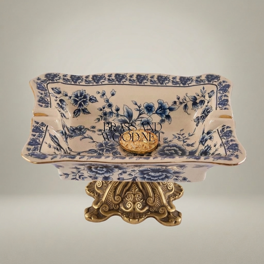 Rococo Blue Floral Ceramic Ashtray on Ornate Metal Pedestal Stand — Antique Gold