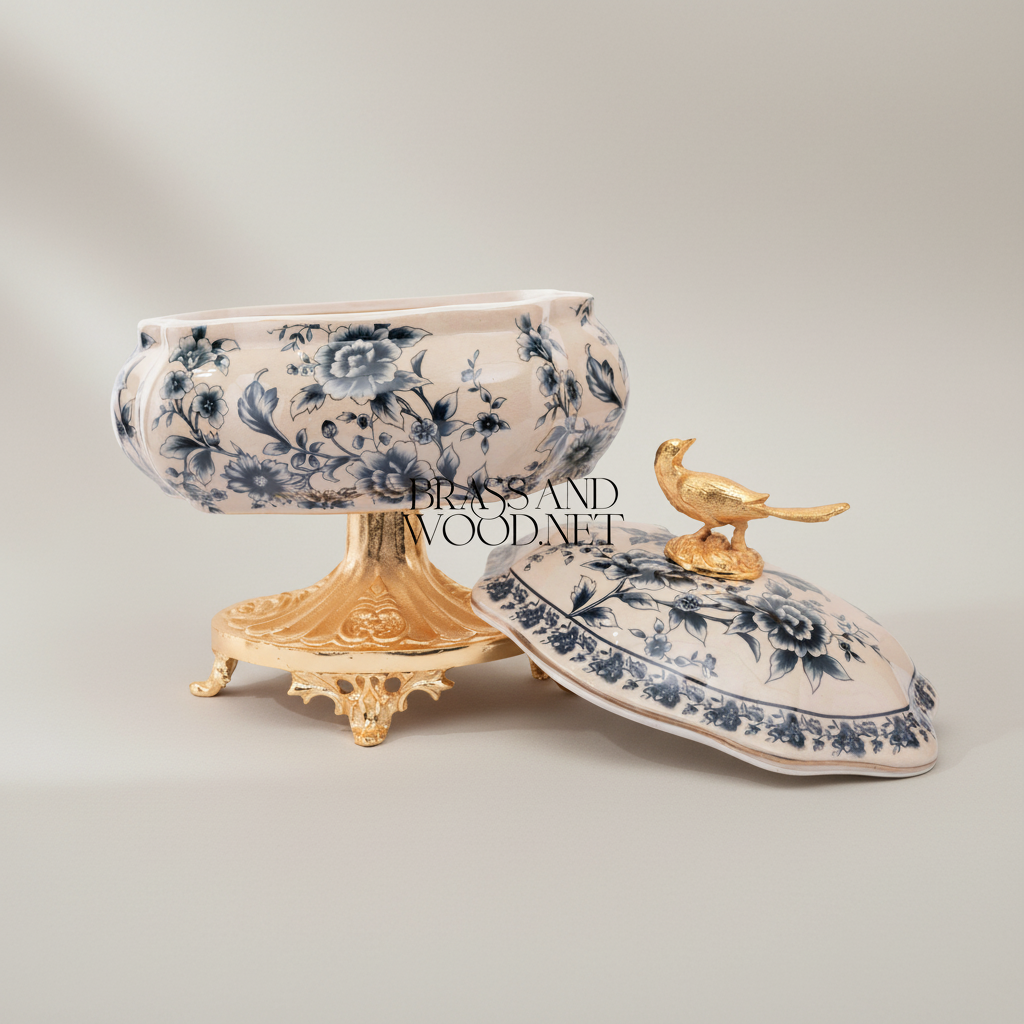 Rococo Blue Floral Porcelain Bonbonnière with Gilt Pheasant Finial — Gold