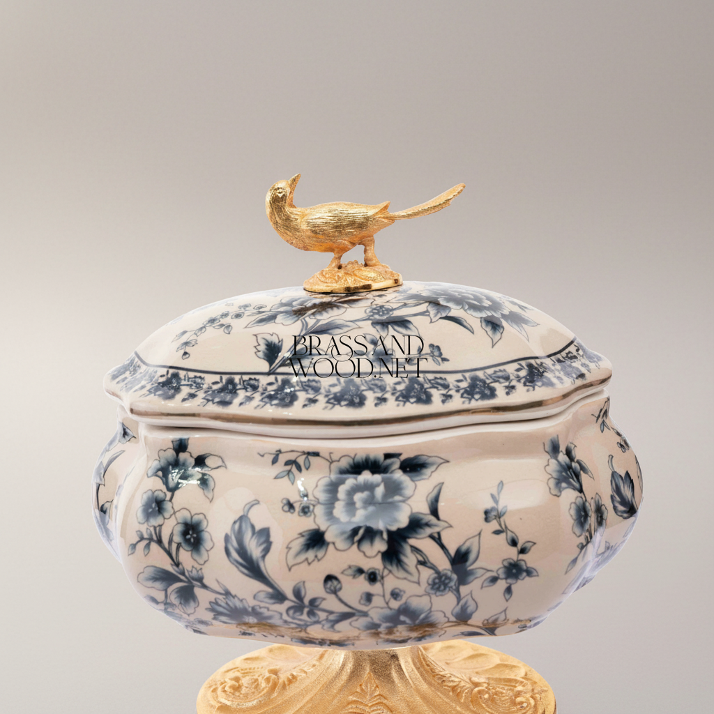 Rococo Blue Floral Porcelain Bonbonnière with Gilt Pheasant Finial — Gold