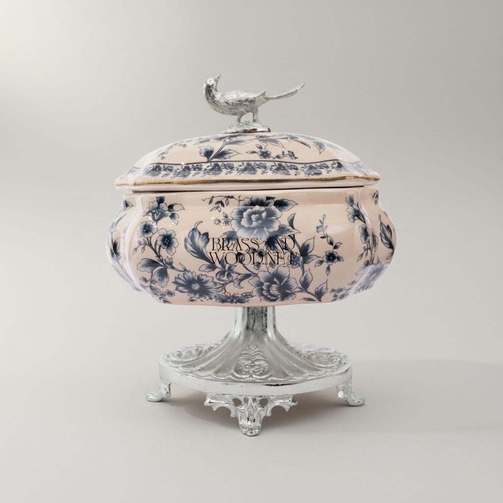 Rococo Blue Floral Porcelain Bonbonnière with Gilt Pheasant Finial — Silver