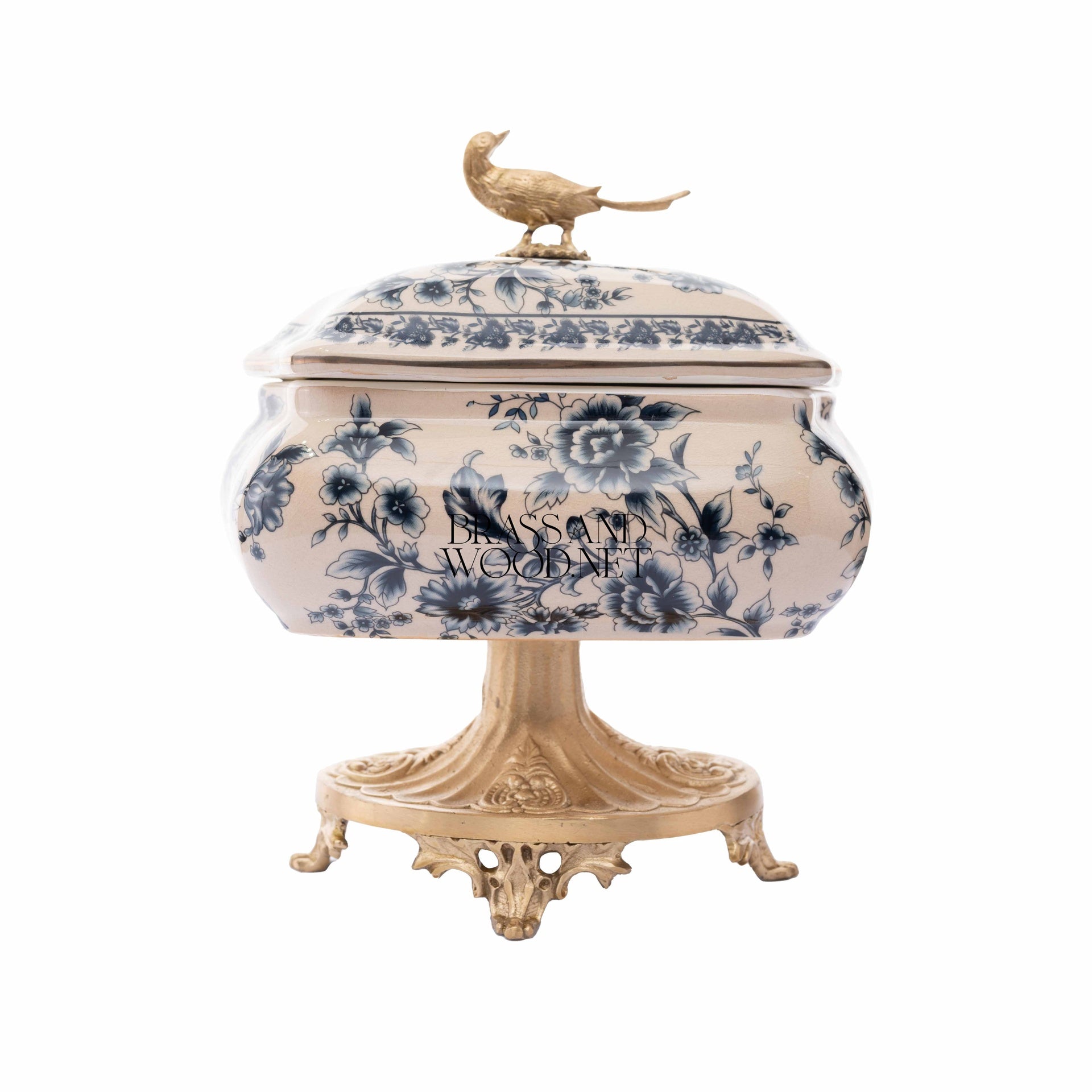 Rococo Blue Floral Porcelain Bonbonnière with Gilt Pheasant Finial