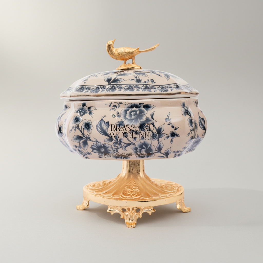 Rococo Blue Floral Porcelain Bonbonnière with Gilt Pheasant Finial — Gold