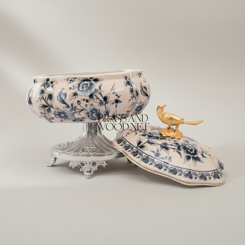 Rococo Blue Floral Porcelain Bonbonnière with Gilt Pheasant Finial — Silver