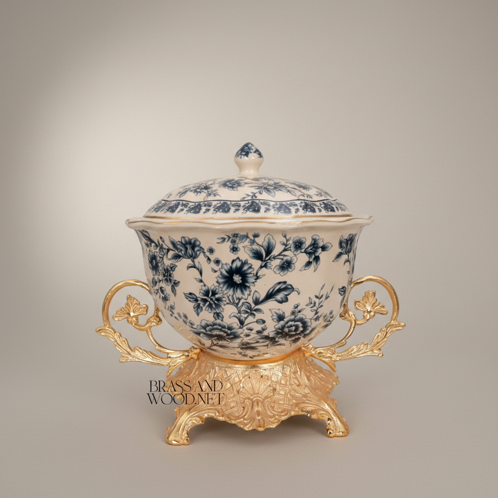 Rococo Blue Floral Porcelain Lidded Bonbonnière with Gilt Brass Stand — Gold