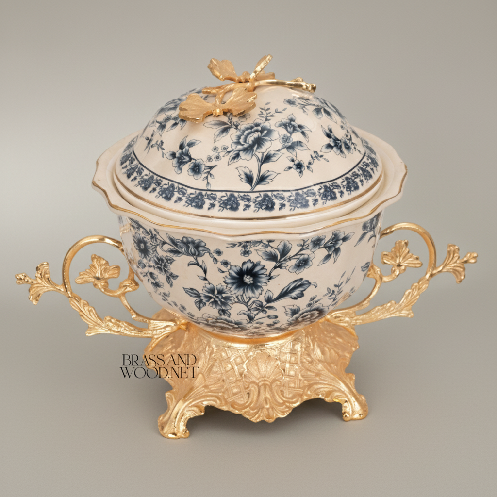 Rococo Blue Floral Porcelain Lidded Bonbonnière with Gilt Brass Stand — Gold