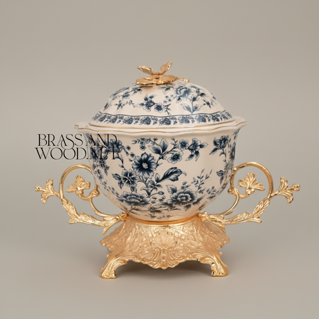 Rococo Blue Floral Porcelain Lidded Bonbonnière with Gilt Brass Stand — Gold